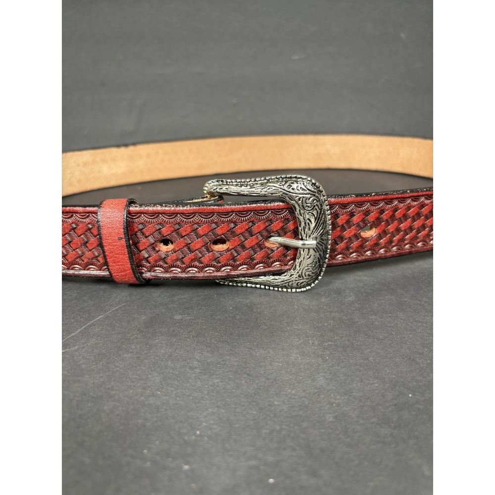 Red Western Belt Size 40 Basketweave Embossed Silver Tone Buckle Made in Mexico